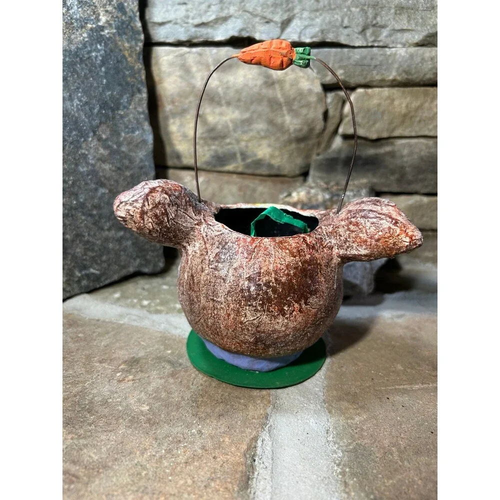 Dept 56 Paper Mache Bunny Rabbit Easter Spring Hand Painted Candy Bucket